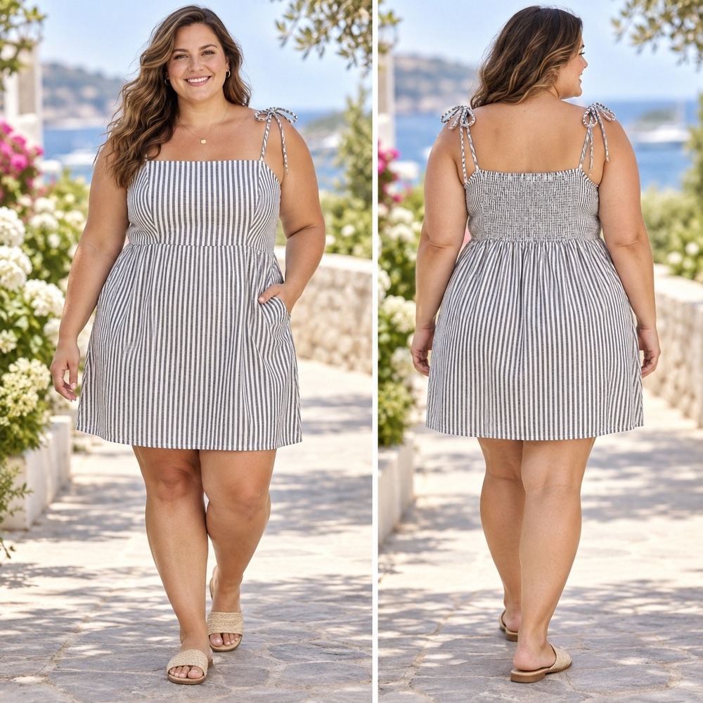 Old Navy Linen Blend Striped Mini Dress 2X Blue White Smocked Back Tie Strap NWT